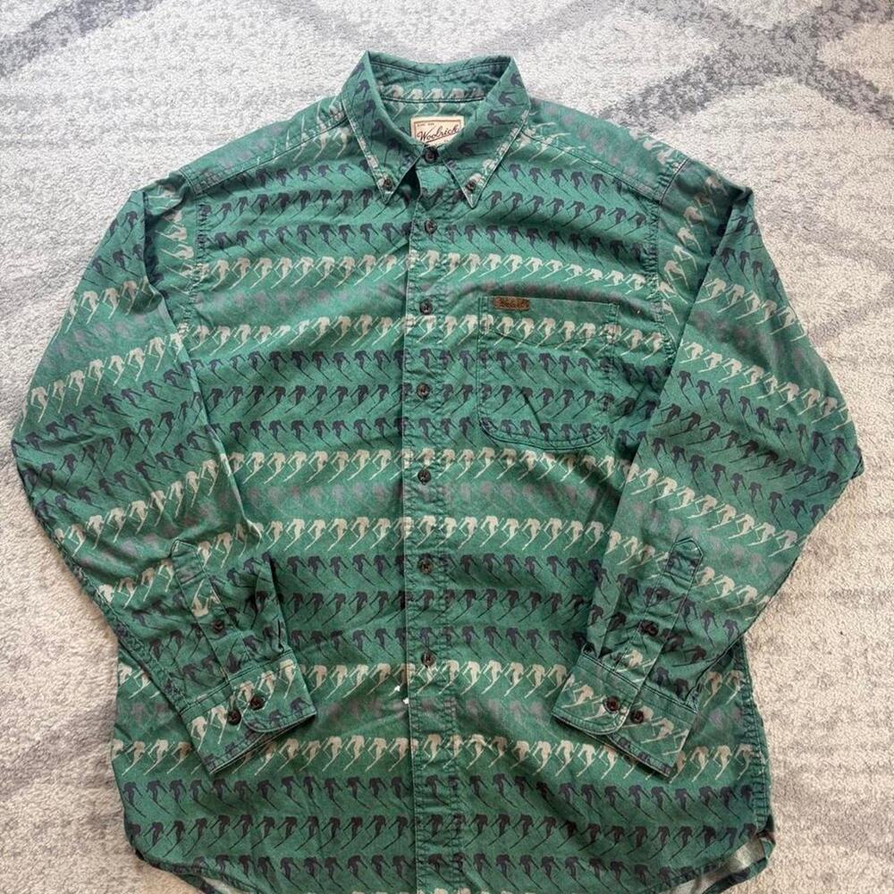 Vintage Woolrich Shirt Mens Large Skier AOP Print Green Long Sleeve Button Ski